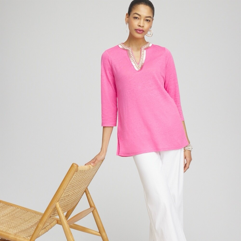 CHICO’S 100% Linen Embellished Beaded Tunic 3/4 Sleeve Split Neck Stretch Pink